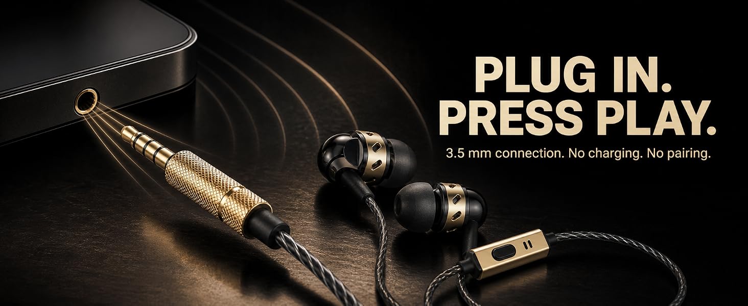 Black and gold wired earbuds with a 3.5 mm plug, ready to play without charging or pairing