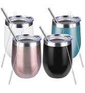 12oz/4Pack Stainless Steel Wine Tumbler with Lids, Double Wall Vacuum Stainless Steel Travel Tumb...