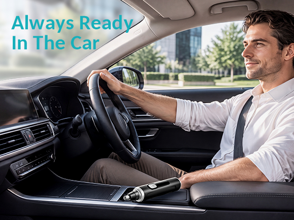 Text reads 'Always Ready In The Car'. Man driving vehicle reaching toward car interior, demonstrating product accessibility and in-vehicle storage or usage positioning.