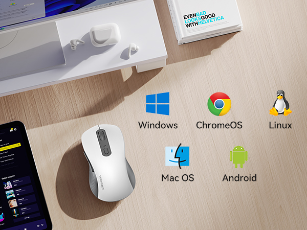 White wireless mouse with product packaging. Text shows operating system icons and labels: 'Windows', 'ChromeOS', 'Linux', 'Mac OS', 'Android'.