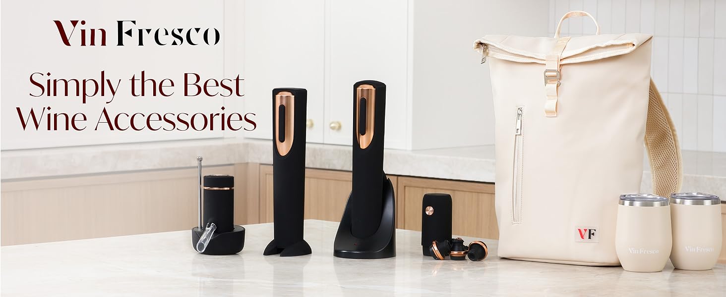 Vin Fresco wine accessories and products including openers, aerator, stoppers, tumblers and backpack