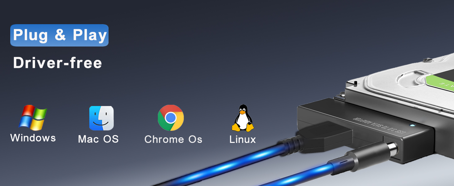 Text reads 'Plug &amp; Play Driver-free' Computer interface showing Windows taskbar icons and device installation screen.
