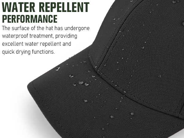 Close-up of a black baseball cap brim with water droplets, demonstrating its water-repellent surface treatment for excellent waterproofing and quick-drying functionality.