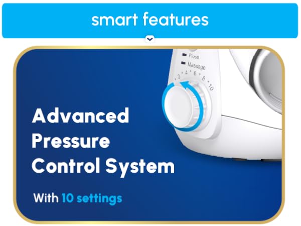 Image of Waterpik floss machine settings dial with text reading advanced pressure control system.