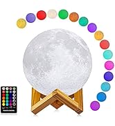 LOGROTATE Moon Lamp, 3D Printing 16 Colors LED Night Light, Moon Light with Stand and Time Settin...