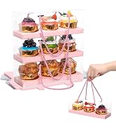 EUSOAR Pink Cupcake Boxes, 10 Pcs 9"x3"x3" Portable 3 Compartments Muffins Cupcake Containers Pas...