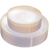 Rubtlamp Plastic Plates, 60Pcs Clear Gold Rim, Heavy Duty, Hammered Design, Disposable Plates for...