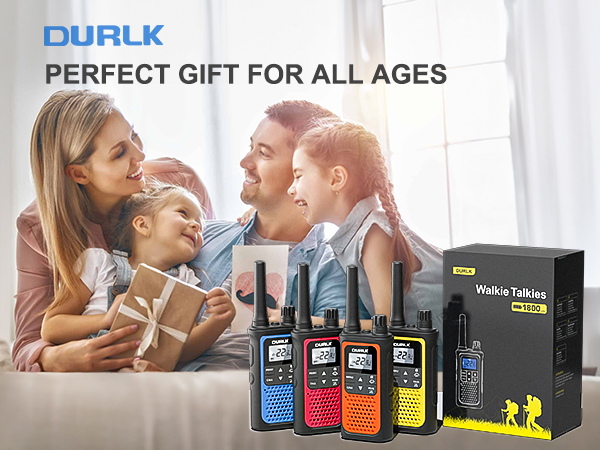 A family of four with smiles on their faces received a gift of DURLK 4 pack walkie talkies all ages