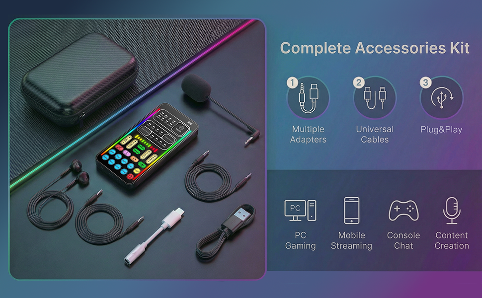Voice changer shown with adapters, cables, mini microphone, earphone, and storage case.