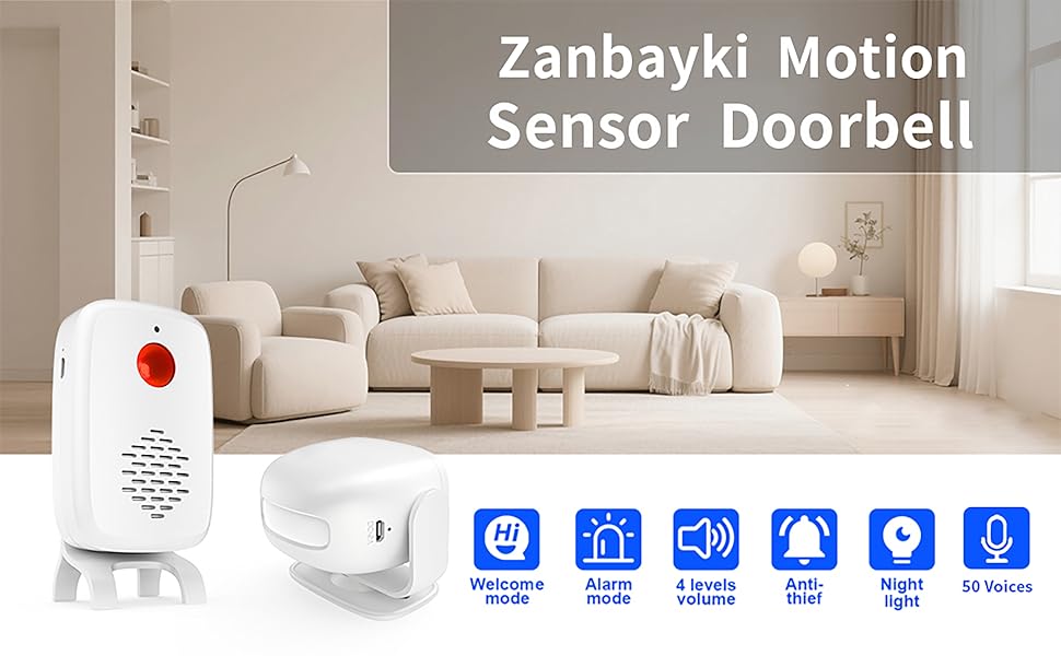 Zanbayki Motion Sensor Doorbell | 50 Ringtones+Night Light | 4 Volumes &amp;amp; Dual Modes