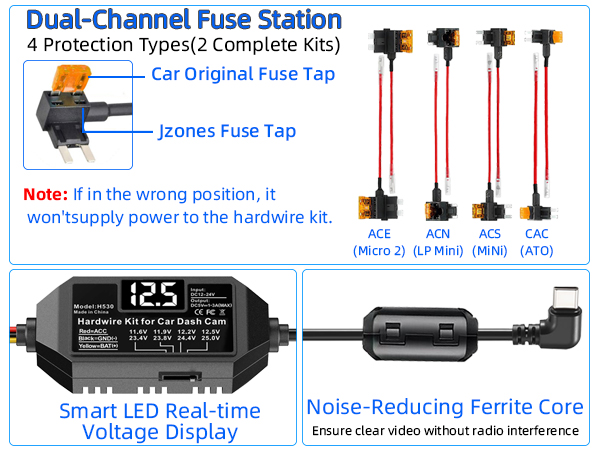 Dash Cam Hardwire Kit USB C, 12V-24V to 5V Type C Hardwire Kit with LED Voltmeter