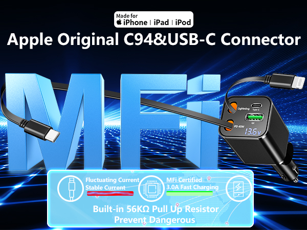 MFi Certified 4 in 1 Retractable Car Charger 120W USB C Car Charger Cigarette Lighter Adapter