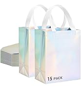 RACETOP 15 Pcs Iridescent Glossy Gift Bags Medium Size, 8x4x10 Inch Holographic Reusable Gift Bag...