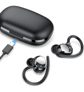 Wireless earbuds with ear hooks and a charging case. The earbuds are black and the case is oval-shaped with a USB cable attached.