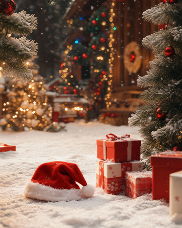 Sequence of Christmas scene photos showing wrapped presents under a decorated tree with twinkling lights, shot from different angles in warm lighting.