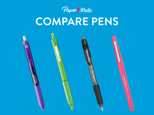 compare pens blue background purple inkjoy gel green ballpoint black profile pink flair features