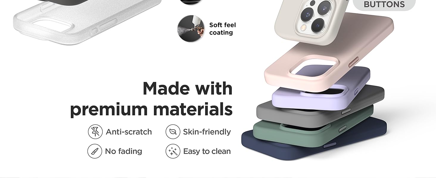 Phone case material layers diagram showing multiple stacked components with features including anti-scratch, skin-friendly, no fading, and easy-to-clean properties.