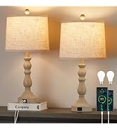 Leasgy Farmhouse Side Table Lamps for Living Room Set of 2 with USB C+A Ports, Bedside Lamp for B...