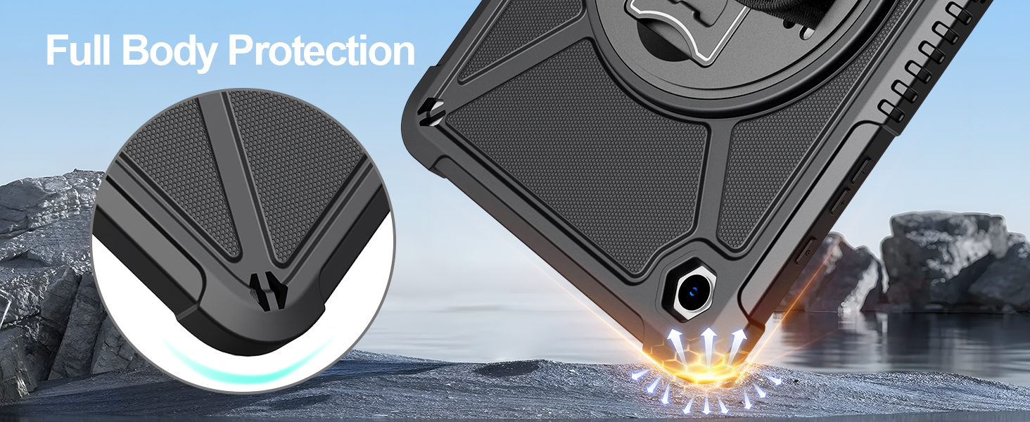 Text reads 'Full Body Protection'. Multiple views of a black screen protector or privacy filter showing installation and protective features.