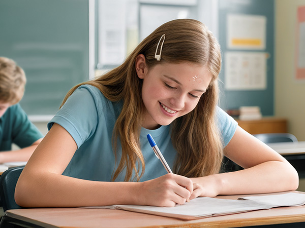 Students in classroom wearing blue uniforms. Girl with long hair in foreground writing on paper at desk, focused on schoolwork. Boy visible at desk in background in educational setting.