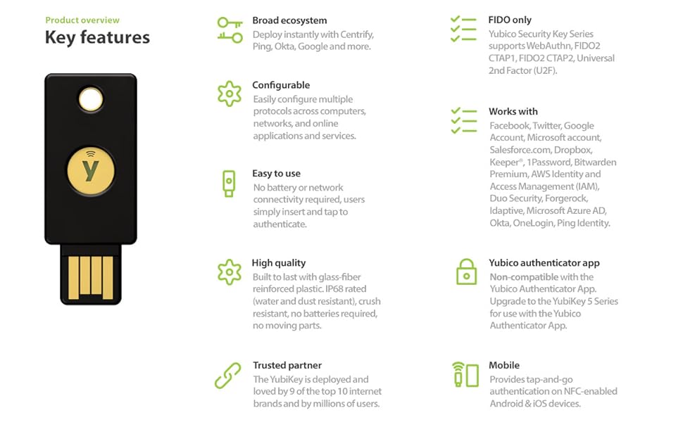 A list of key features including wireless support, durability, and more