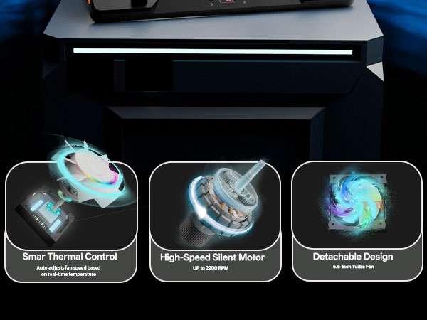 A laptop rests on a cooling pad illuminated by LED lights, providing powerful airflow from its fans