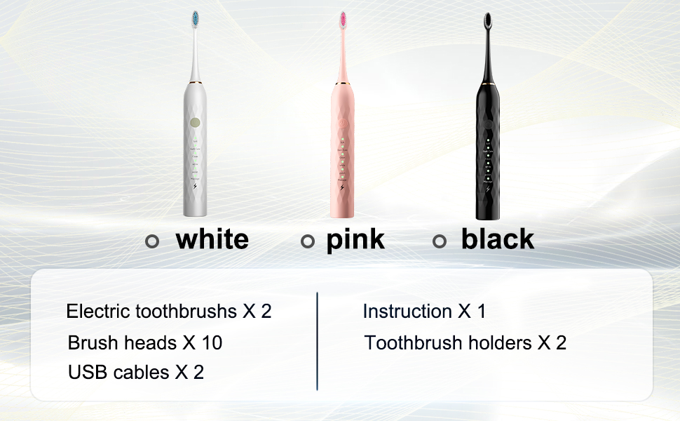 includes 2 pcs electric toothbrushes, 10 brush heads, 2 toothbrush holders, 2 usb charging cables