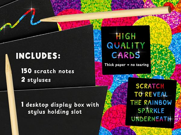 Bright, sparkly scratch art cards lighting up children’s smiles as they explore creativity