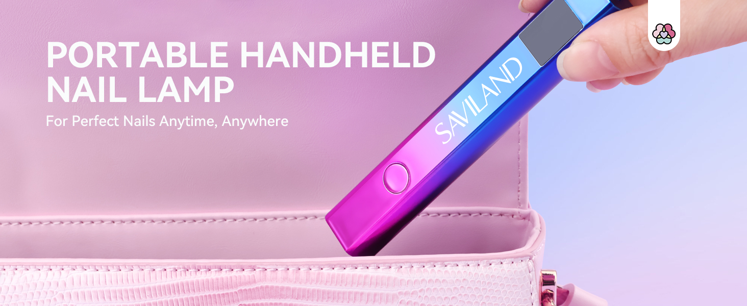 Portable UV nail lamp in sleek pen design, showing purple-pink light emission, with text overlay describing its handheld functionality.