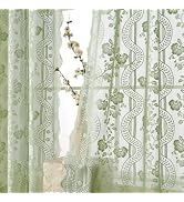 Chorowl Green Boho Lace Curtains 84 Inch 2 Panels Vintage Floral Pattern | Sage French Country Fl...