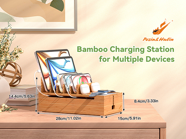 Pezin & Hulin Bamboo Charging Station for Multiple Devices, Charger Dock with 10-Port USB Charger