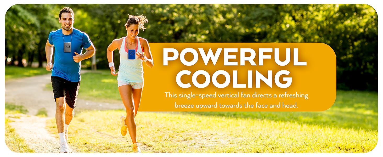 People running wearing O2Cool Rechargeable Necklace Fan Gray and Blue, Powerful Cooling