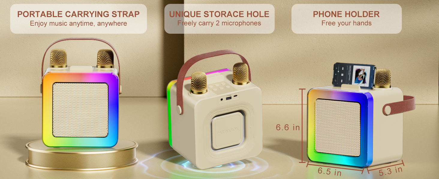 Portable araoke System with Mics Storage Hole and Phone Stand