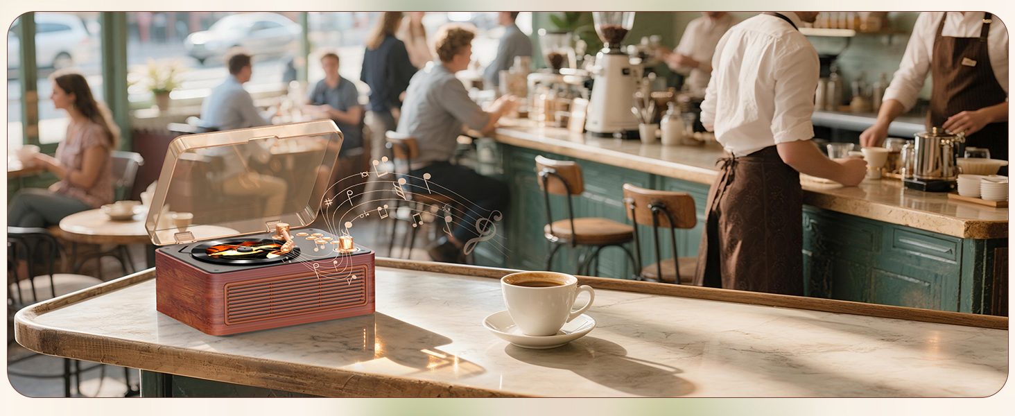 Interior views of a bustling cafe or restaurant space showing wooden furniture, tables, and customers dining.
