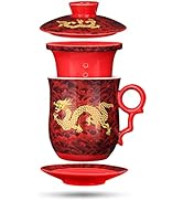 YURROAD Chinese Dragon Pattern Tea-Mug with Strainer Infuser and Lid and Saucer Ceramic Tea Mug C...