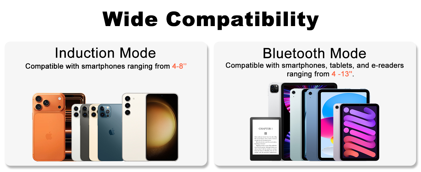 Induction mode for 4-8&amp;#34; phones, Bluetooth 5.3 supports 4-13&amp;#34; tablets &amp;amp; iPads, dual mode speaker.