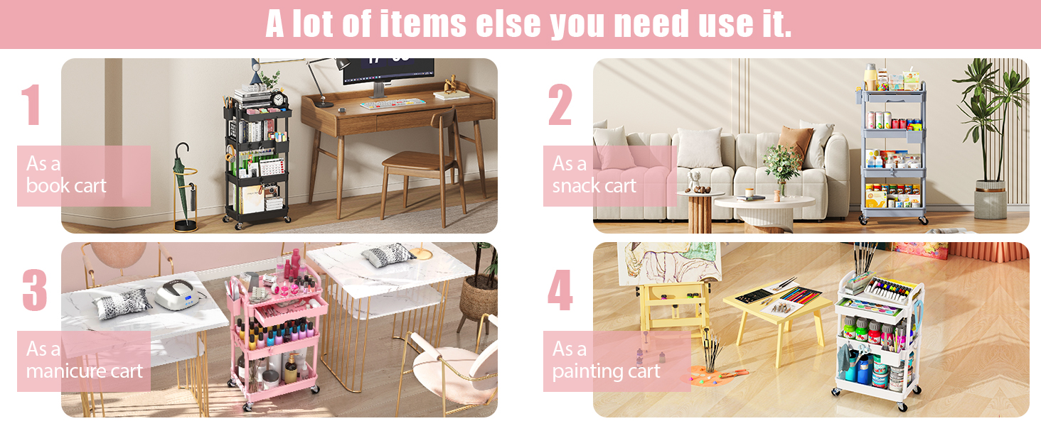 pink rolling cart are suitable for organizing books, snacks, nail polish, painting tools, etc.