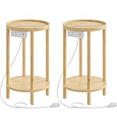 HOOBRO Set of 2 Small Round Side Tables with Charging Station, 2-Tier Round Bamboo End Tables, Ea...
