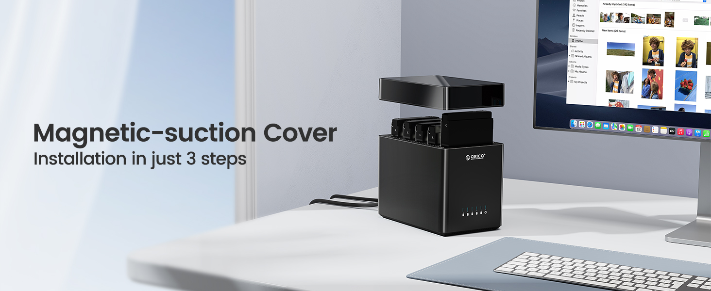 Black electronic device with text 'Magnetic-suction Cover' and 'Installation in just 3 steps', shown near a computer monitor.