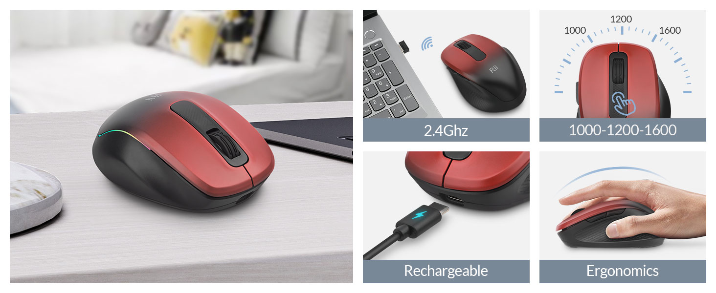 Rii Wireless Mouse, 2.4G USB Computer Mouse Rechargeable LED Ergonomic Mouse for PC, Laptop