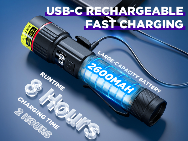 The flashlight is rechargeable, 2 hours to charge, 8 hours to charge
