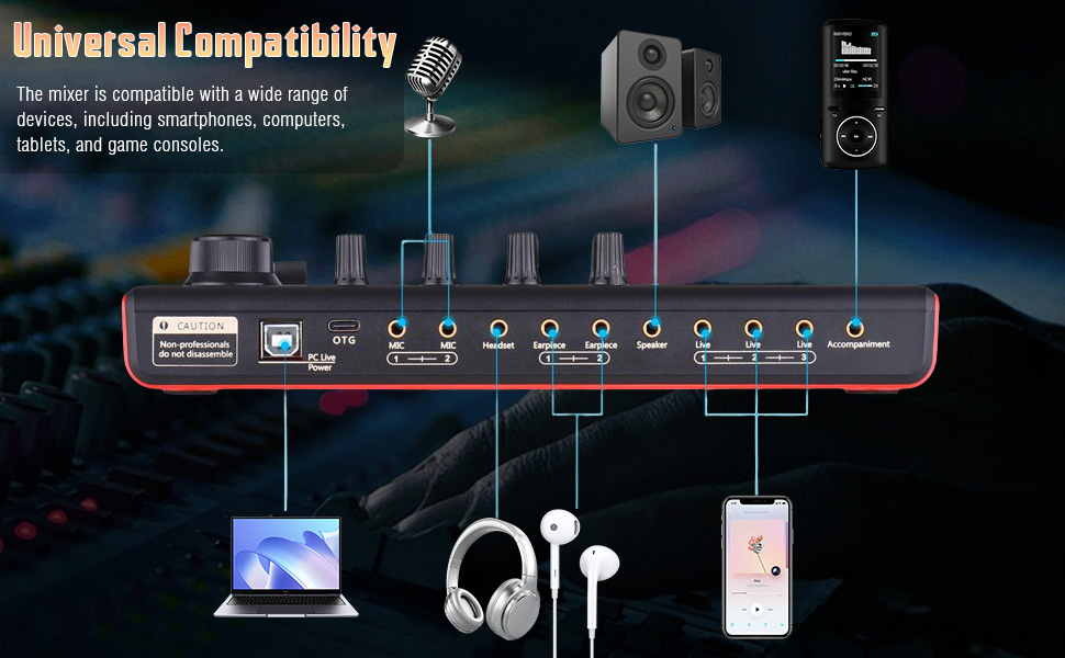 Text reads 'Universal Compatibility'. Technical diagram showing device connectivity options with various devices like laptop, headphones, and smartphone.