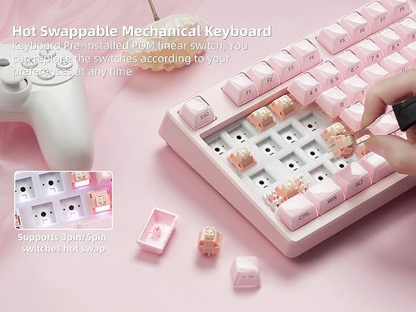 Pink Wireless Mechanical Keyboard 75% with Color Multimedia Screen Gaming Keyboard