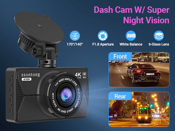 Dash cam with 4K resolution, F1.8 aperture, and night vision capability. Features front and rear cameras for comprehensive road recording. Compact black design with LCD screen.