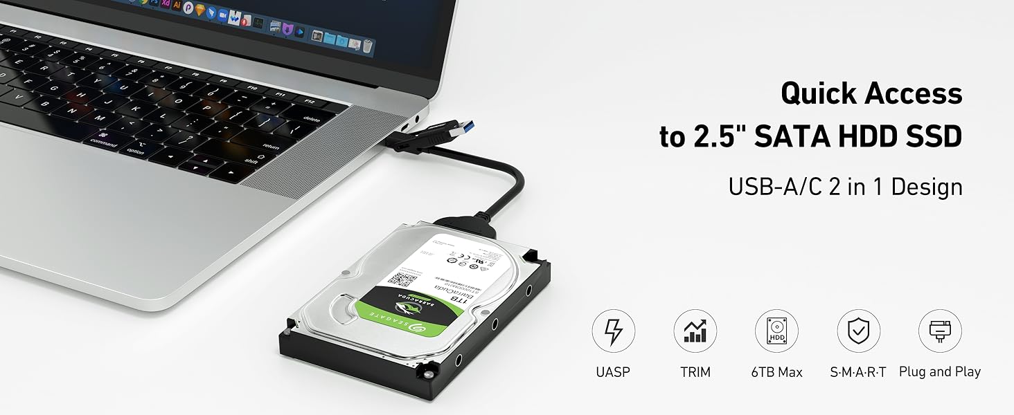 Text reads 'Quick Access to 2.5" SATA HDD/SSD', 'USB-A/C 2 in 1 Design'. Product image shows laptop-connected external hard drive enclosure with icons indicating features.