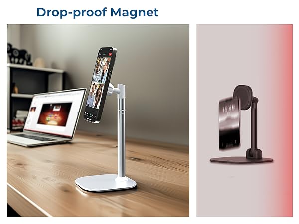 Adjustable phone stand with magnetic mount shown in two views - on a desk with device mounted, and silhouette view showing design profile.