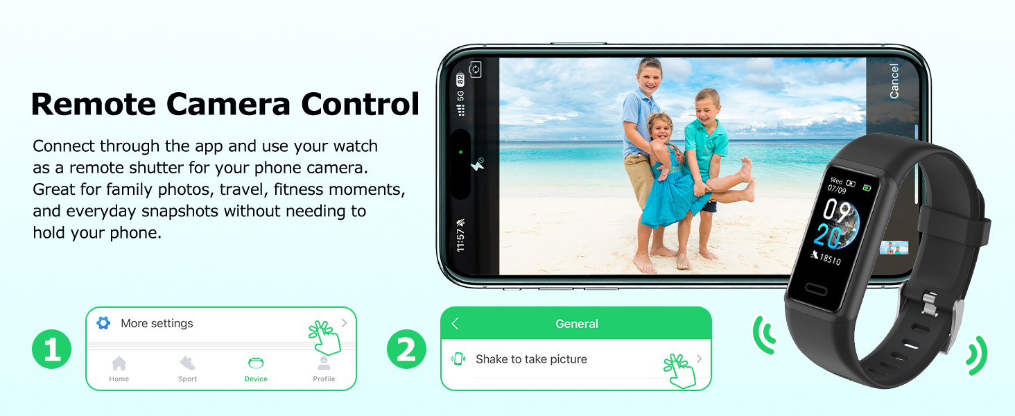 Fitness tracker watch with remote camera control for taking photos and capturing moments easily