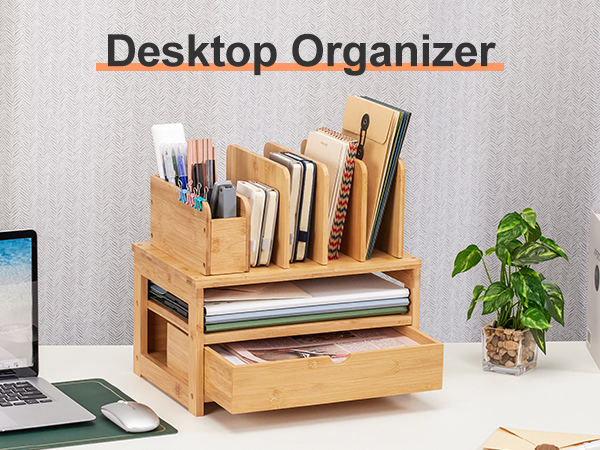 Bamboo Desk Organizer with Drawer and File Holder