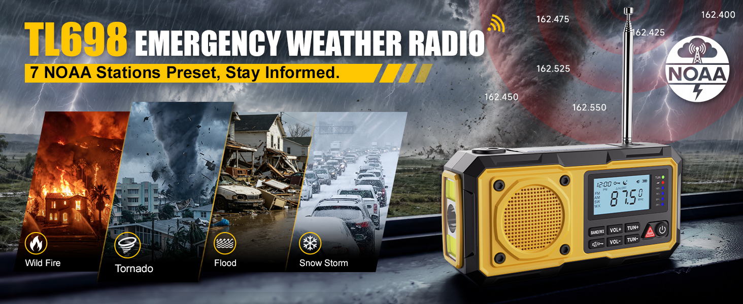 emergency radio; weather radio; hand crank radio; NOAA weather radio; emergency weather radio