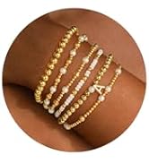 Turandoss 6PCS Beaded Initial Bracelets for Women Girls Jewelry Gifts - 18K Gold Plated Beaded In...